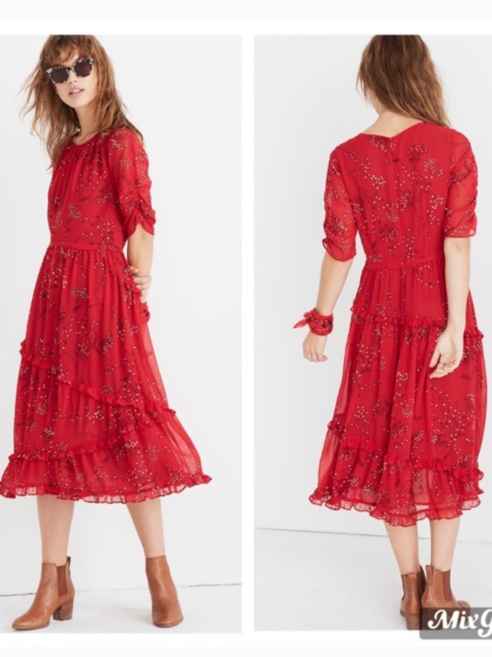 Madewell Wind Poppy Red Floral Ruffle Midi Dress